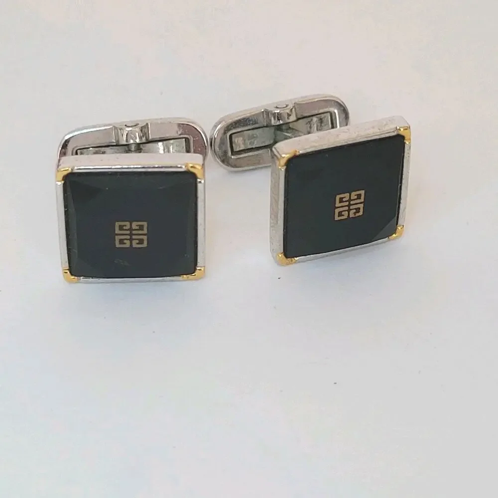 Givenchy Cufflinks Set Gold Silver Tone Black Onyx Square Logo Vintage Designer